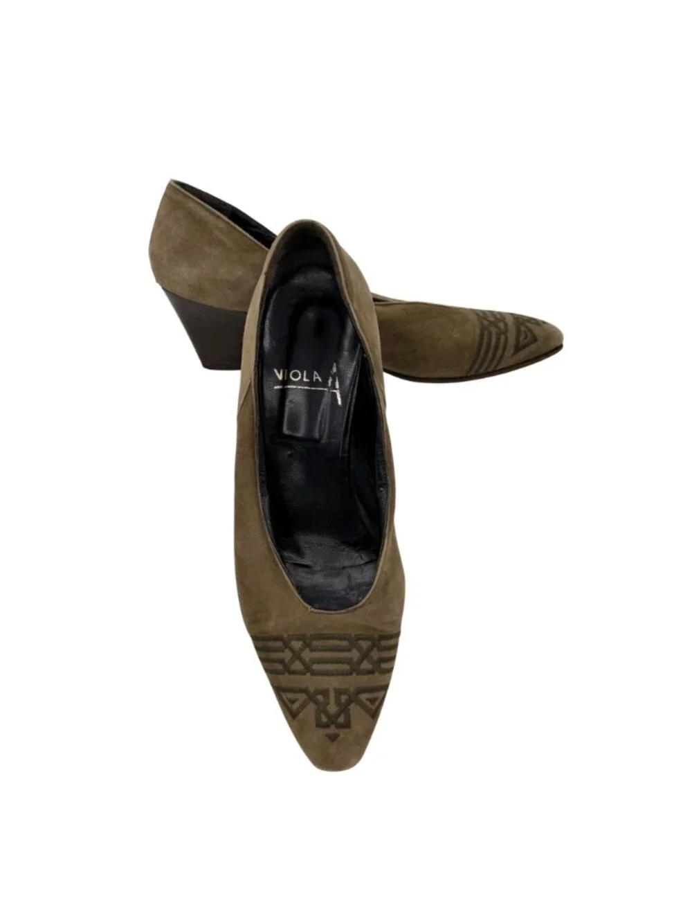 VTG VIOLA ITALIAN OLIVE GREEN SUEDE TRIBAL EMBROIDERED HEELS  - 38 (FITS LK 7)